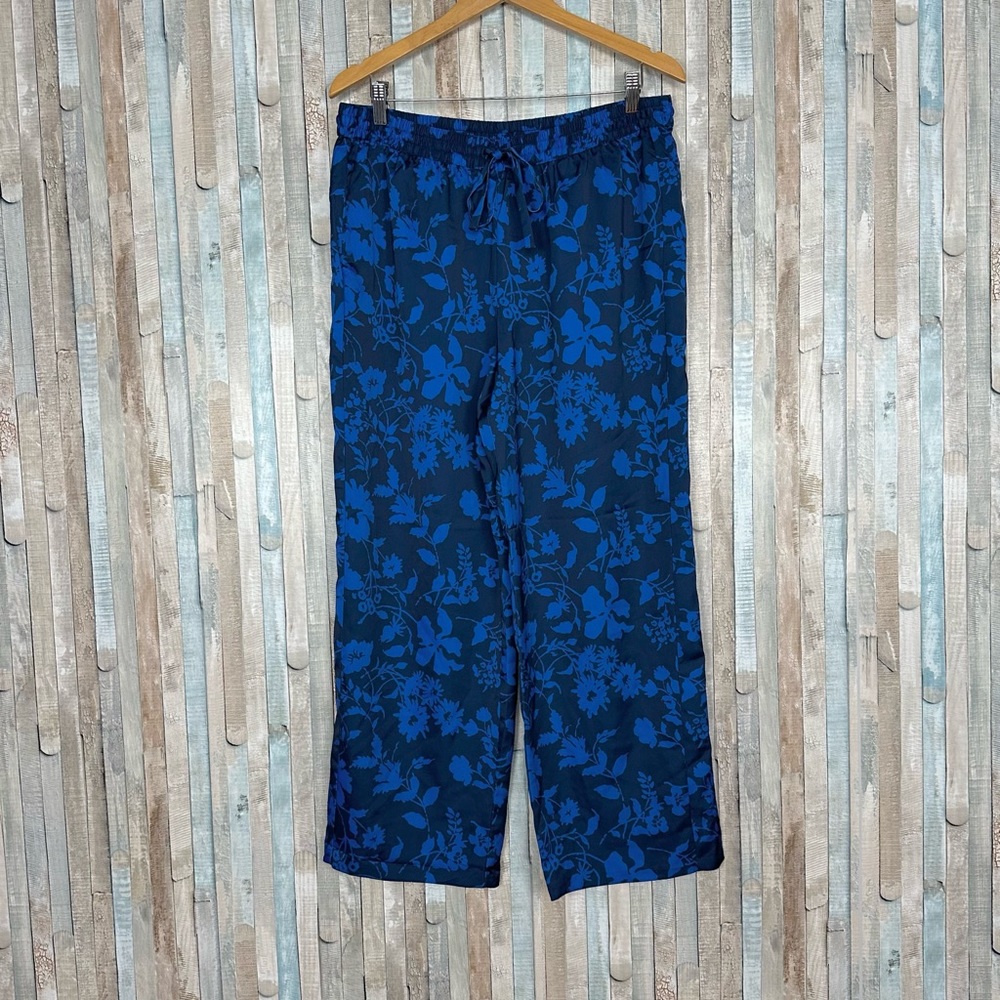 Outerknown L Blue Floral Satin Wide Leg Marlow Pull-On Pants Recycled Lounge